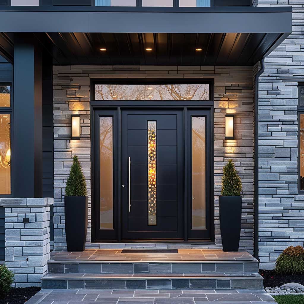 Dark contemporary entry door with glass sidelights, a transom window, and stone cladding